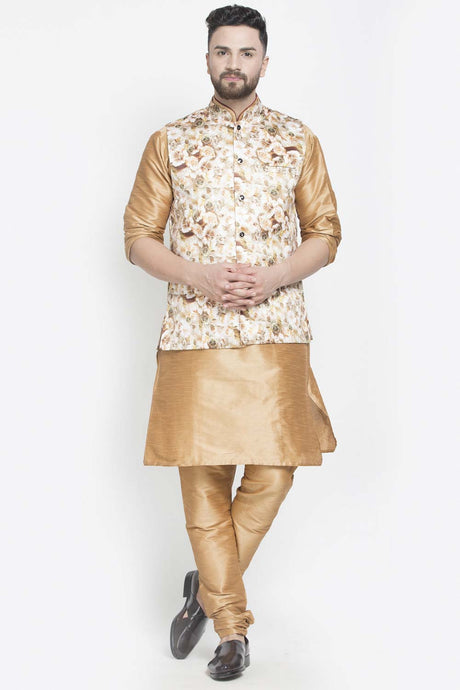 Buy Men's Copper Silk Blend Floral Printed Men's Kurta Pajama Jacket Set Online
