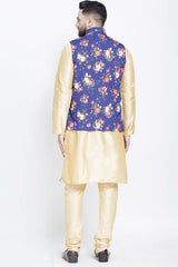 Buy Men's Gold Silk Blend Floral Printed Men's Kurta Pajama Jacket Set Online