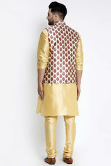 Buy Men's Gold Silk Blend Paisley Printed Men's Kurta Pajama Jacket Set Online