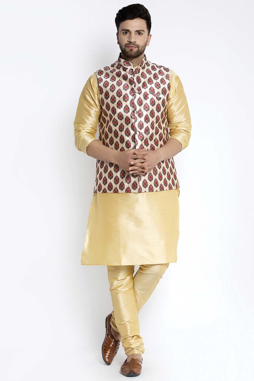 Buy Men's Gold Silk Blend Paisley Printed Men's Kurta Pajama Jacket Set Online