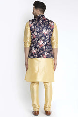 Buy Men's Gold Silk Blend Floral Printed Men's Kurta Pajama Jacket Set Online