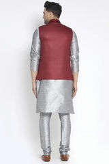 Buy Men's Grey Silk Blend Solid Men's Kurta Pajama Jacket Set Online