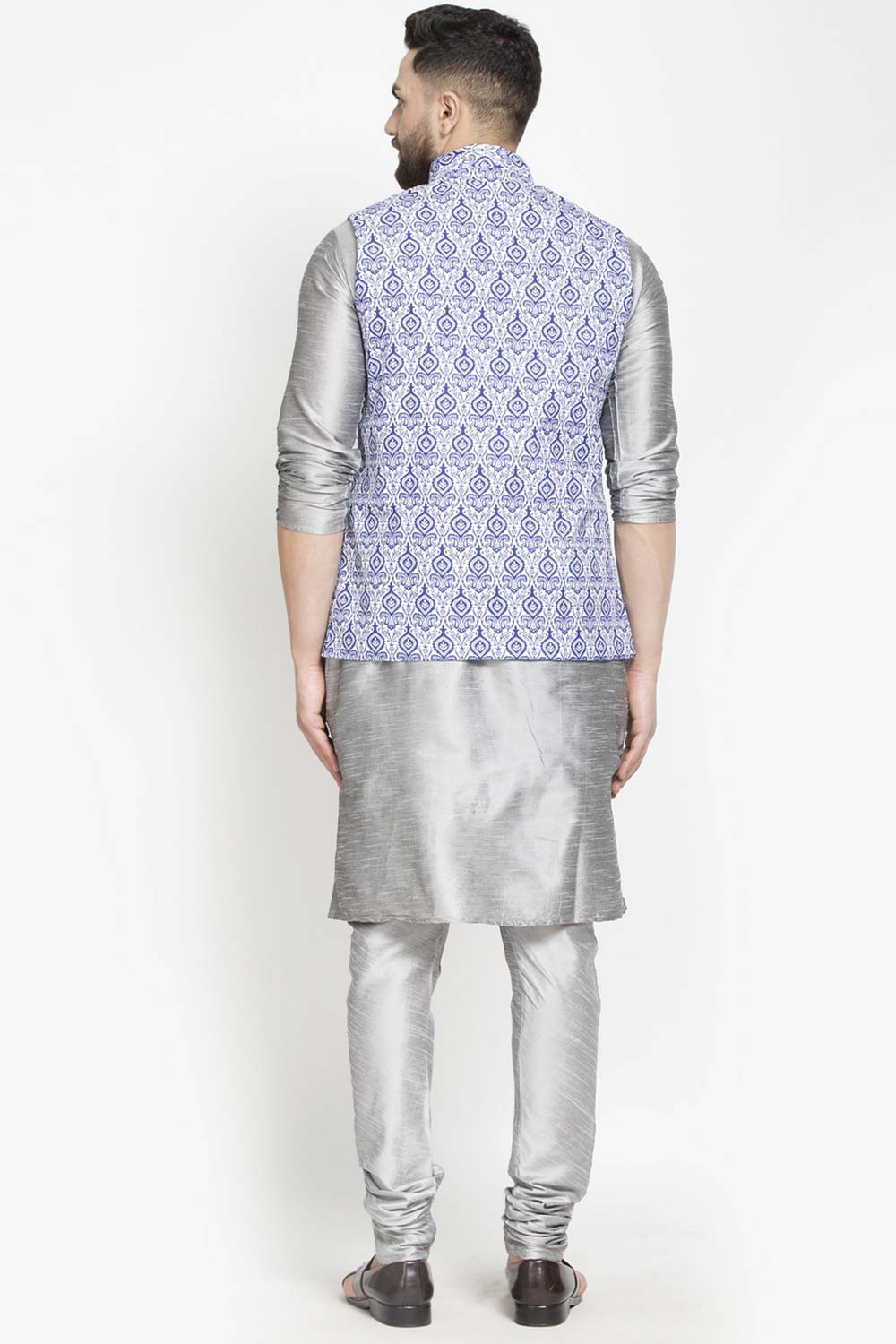 Buy Men's Grey Silk Blend Paisley Printed Men's Kurta Pajama Jacket Set Online