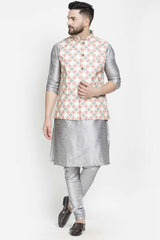 Buy Men's Grey Silk Blend Checks Printed Men's Kurta Pajama Jacket Set Online