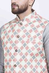 Buy Men's Grey Silk Blend Checks Printed Men's Kurta Pajama Jacket Set Online