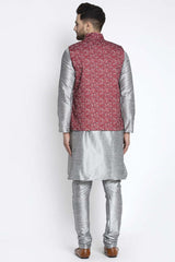 Buy Men's Grey Silk Blend Floral Printed Men's Kurta Pajama Jacket Set Online