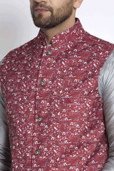 Buy Men's Grey Silk Blend Floral Printed Men's Kurta Pajama Jacket Set Online