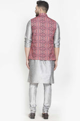 Buy Men's Grey Silk Blend Abstract Printed Men's Kurta Pajama Jacket Set Online