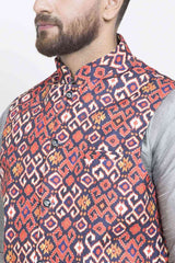 Buy Men's Grey Silk Blend Geometric Printed Men's Kurta Pajama Jacket Set Online