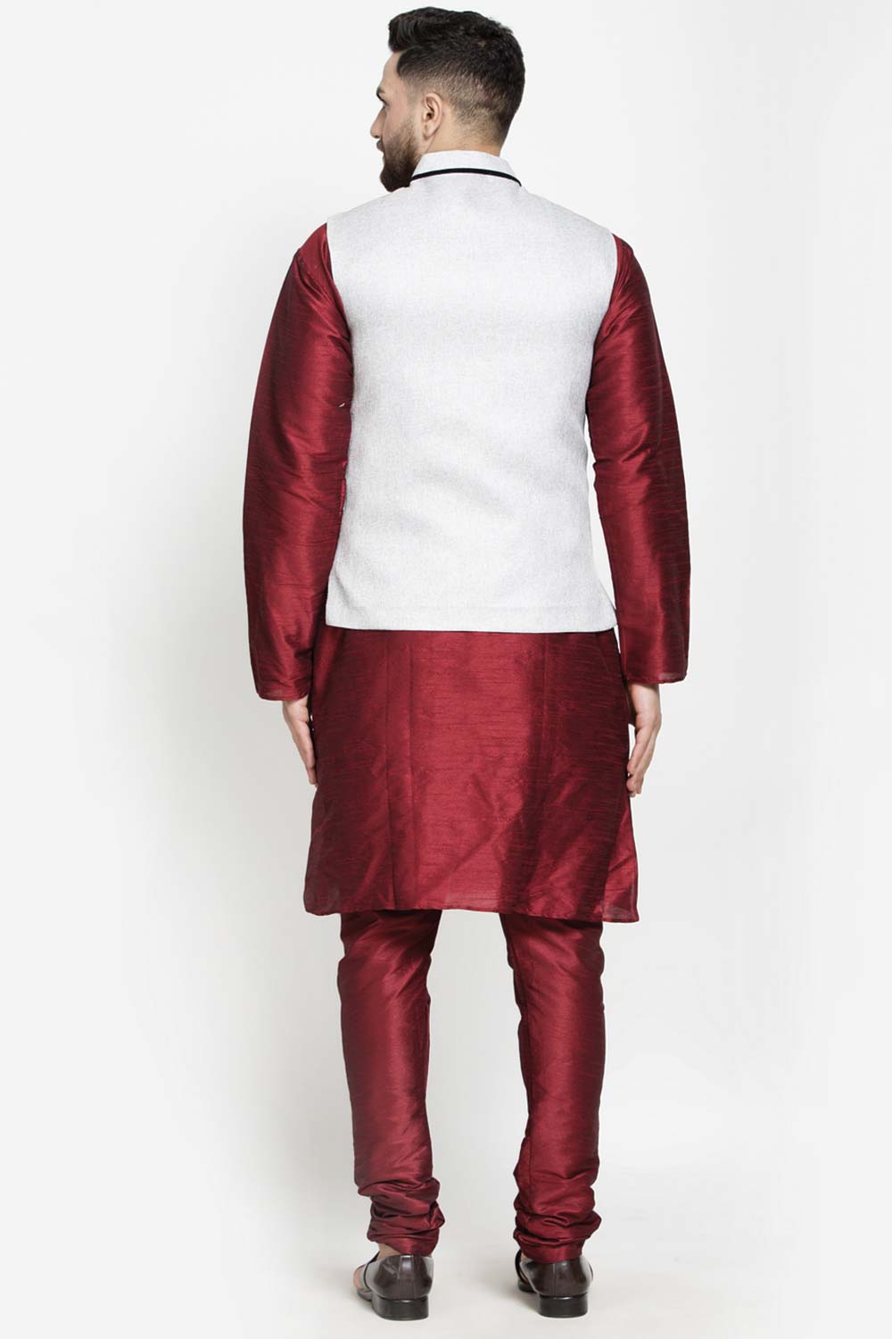 Buy Men's Maroon Silk Blend Solid Men's Kurta Pajama Jacket Set Online