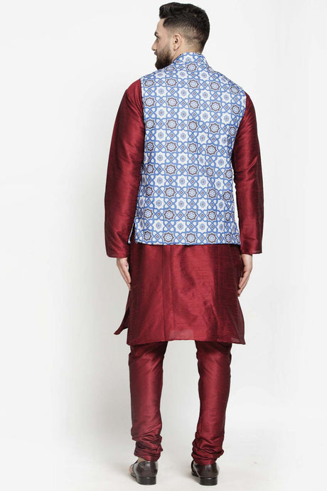 Buy Men's Maroon Silk Blend Checks Printed Men's Kurta Pajama Jacket Set Online