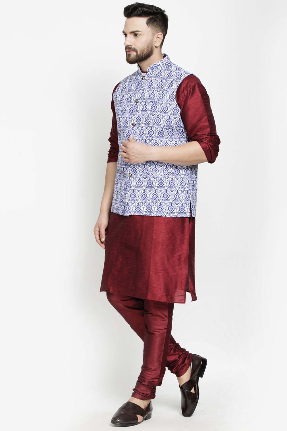 Buy Men's Maroon Silk Blend Paisley Printed Men's Kurta Pajama Jacket Set Online