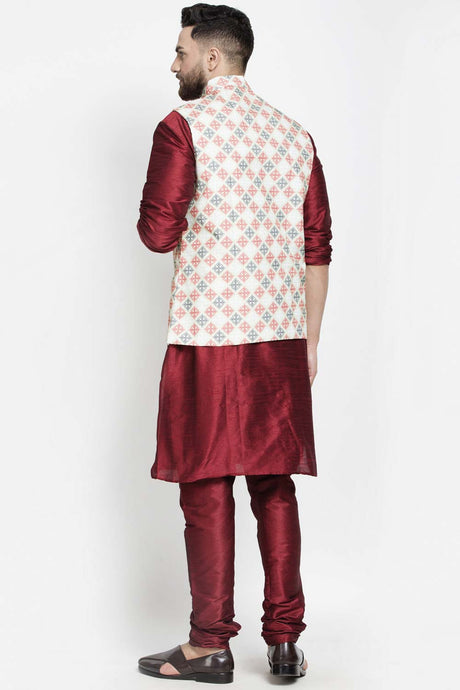 Buy Men's Maroon Silk Blend Checks Printed Men's Kurta Pajama Jacket Set Online