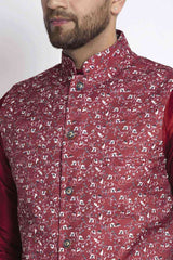 Buy Men's Maroon Silk Blend Floral Printed Men's Kurta Pajama Jacket Set Online