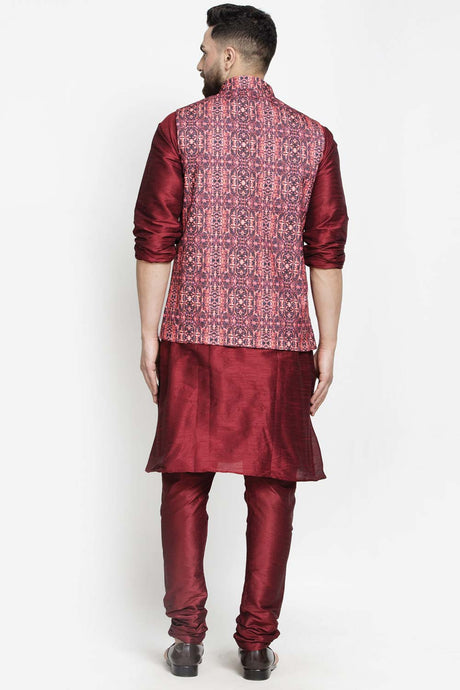 Buy Men's Maroon Silk Blend Abstract Printed Men's Kurta Pajama Jacket Set Online