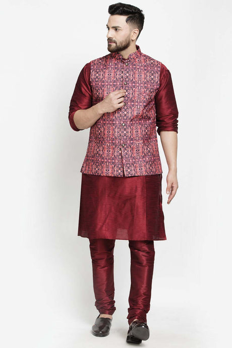 Buy Men's Maroon Silk Blend Abstract Printed Men's Kurta Pajama Jacket Set Online