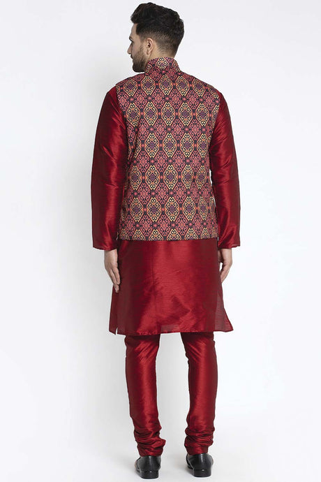 Buy Men's Maroon Silk Blend Geometric Printed Men's Kurta Pajama Jacket Set Online