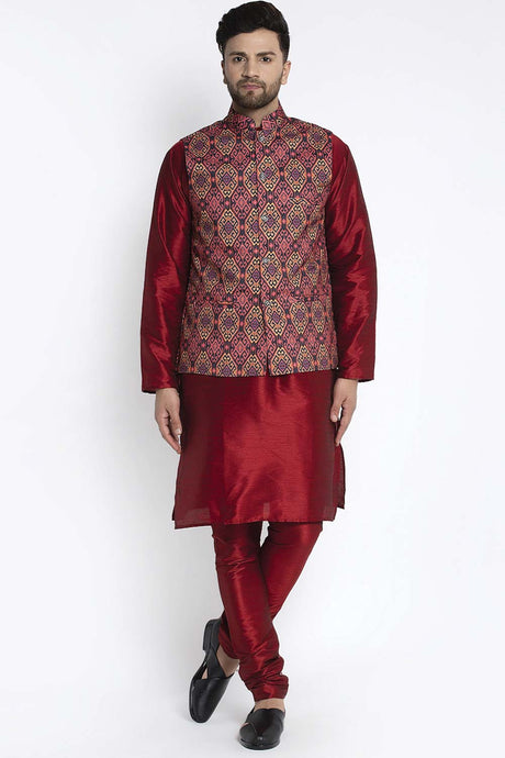 Buy Men's Maroon Silk Blend Geometric Printed Men's Kurta Pajama Jacket Set Online