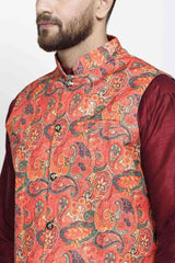 Buy Men's Maroon Silk Blend Paisley Printed Men's Kurta Pajama Jacket Set Online