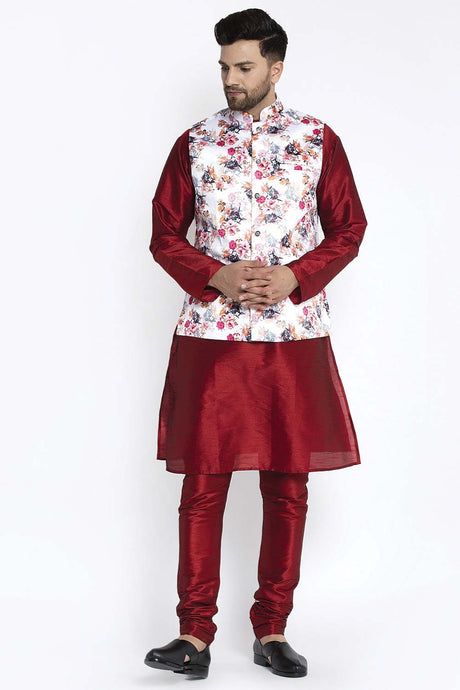 Buy Men's Maroon Silk Blend Floral Printed Men's Kurta Pajama Jacket Set Online