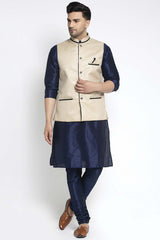 Buy Men's Navy Silk Blend Solid Men's Kurta Pajama Jacket Set Online