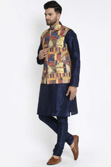 Buy Men's Navy Silk Blend Geometric Printed Men's Kurta Pajama Jacket Set Online