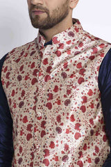 Buy Men's Navy Silk Blend Floral Printed Men's Kurta Pajama Jacket Set Online