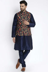 Buy Men's Navy Silk Blend Floral Printed Men's Kurta Pajama Jacket Set Online