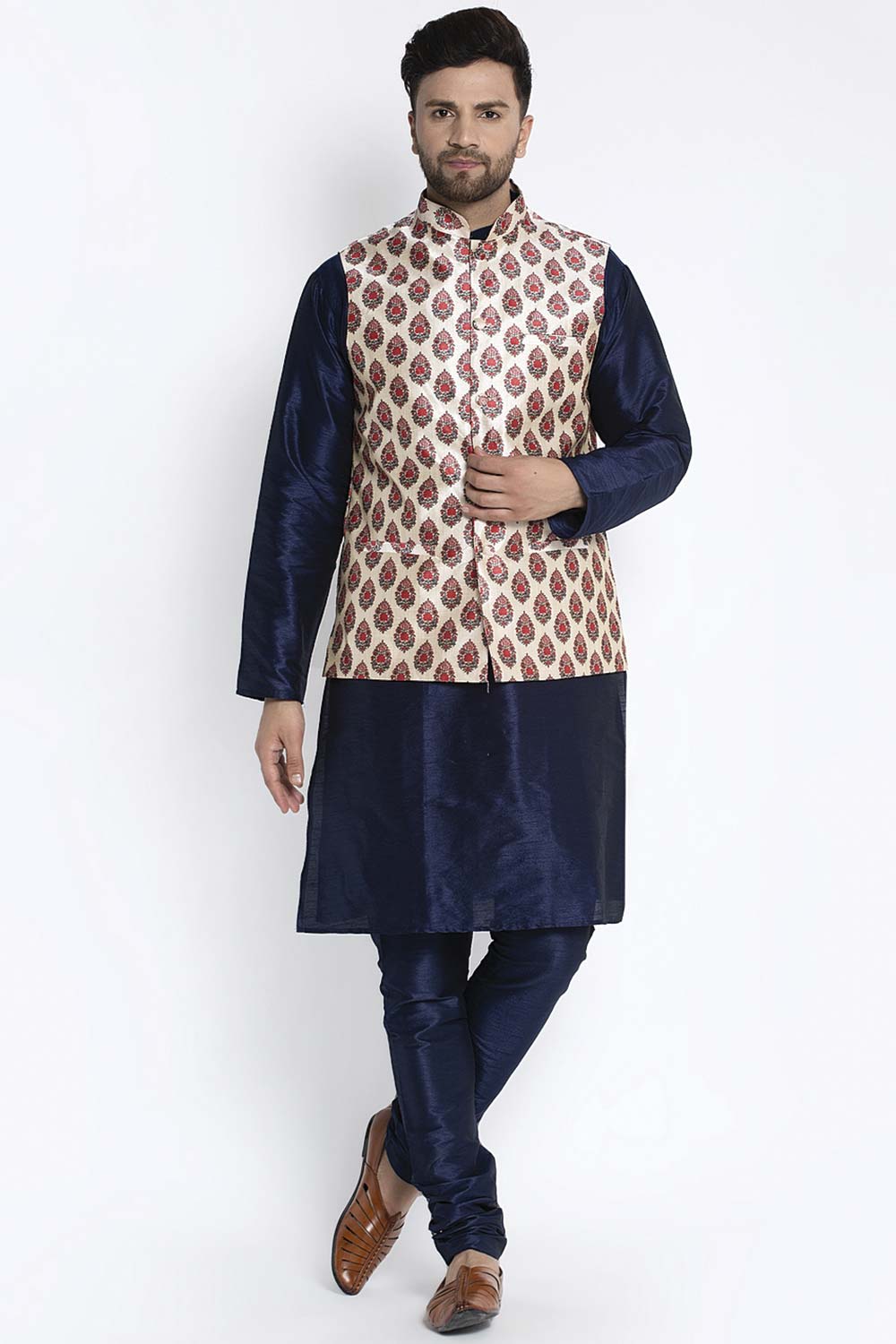 Buy Men's Navy Silk Blend Paisley Printed Men's Kurta Pajama Jacket Set Online