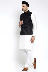 Buy Men's White Silk Blend Solid Men's Kurta Pajama Jacket Set Online