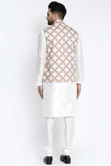 Buy Men's White Silk Blend Checks Printed Men's Kurta Pajama Jacket Set Online
