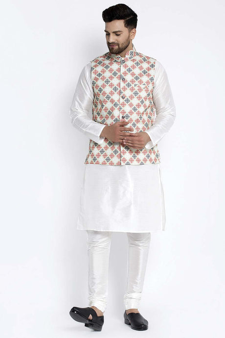 Buy Men's White Silk Blend Checks Printed Men's Kurta Pajama Jacket Set Online