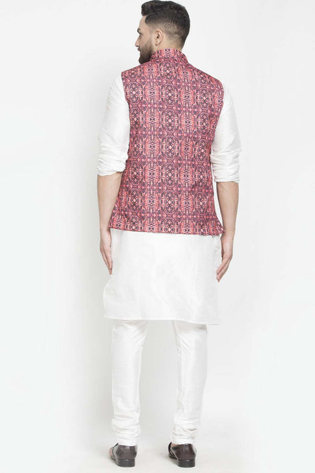 Buy Men's White Silk Blend Abstract Printed Men's Kurta Pajama Jacket Set Online