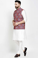 Buy Men's White Silk Blend Geometric Printed Men's Kurta Pajama Jacket Set Online