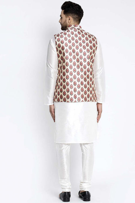 Buy Men's White Silk Blend Paisley Printed Men's Kurta Pajama Jacket Set Online