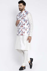 Buy Men's White Silk Blend Floral Printed Men's Kurta Pajama Jacket Set Online