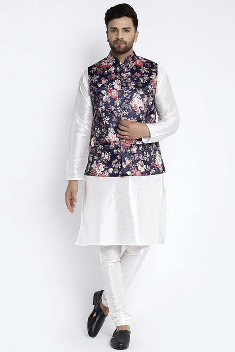Buy Men's White Silk Blend Floral Printed Men's Kurta Pajama Jacket Set Online