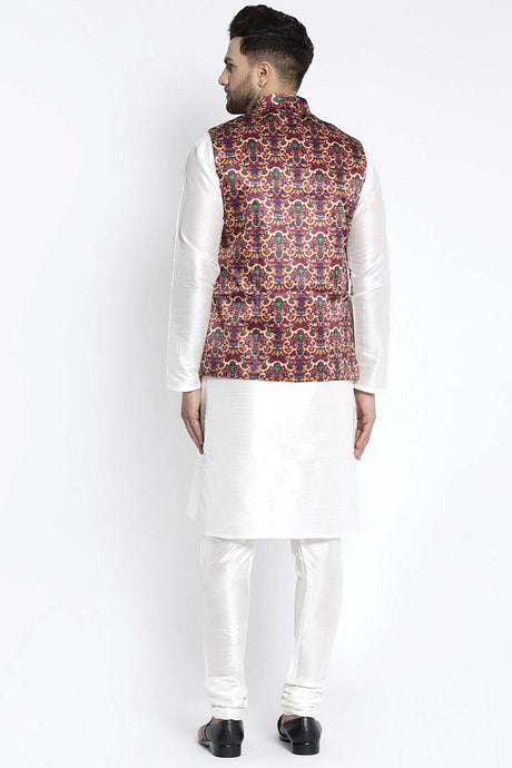 Buy Men's White Silk Blend Micro Printed Men's Kurta Pajama Jacket Set Online