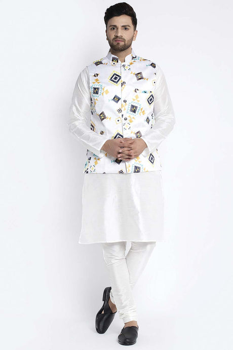 Buy Men's White Silk Blend Geometric Printed Men's Kurta Pajama Jacket Set Online