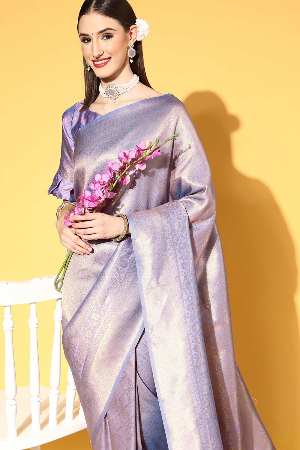 Buy Lavender Art Silk Ethnic Motif Design Saree Online - Side