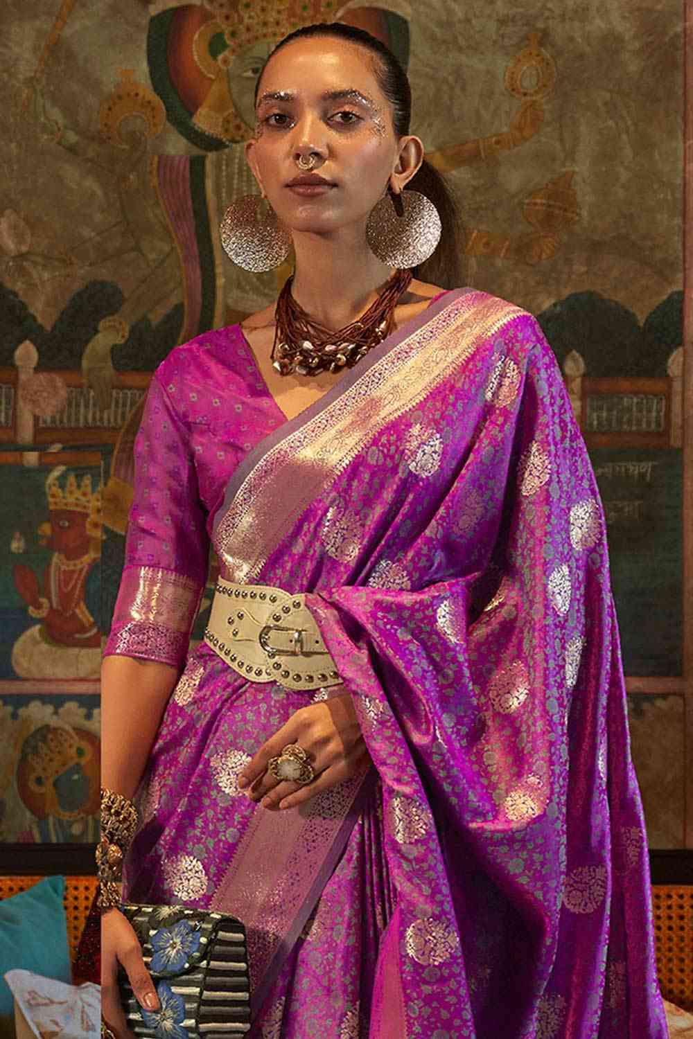 Buy Magenta Art Silk Paisley Design Saree Online - Front