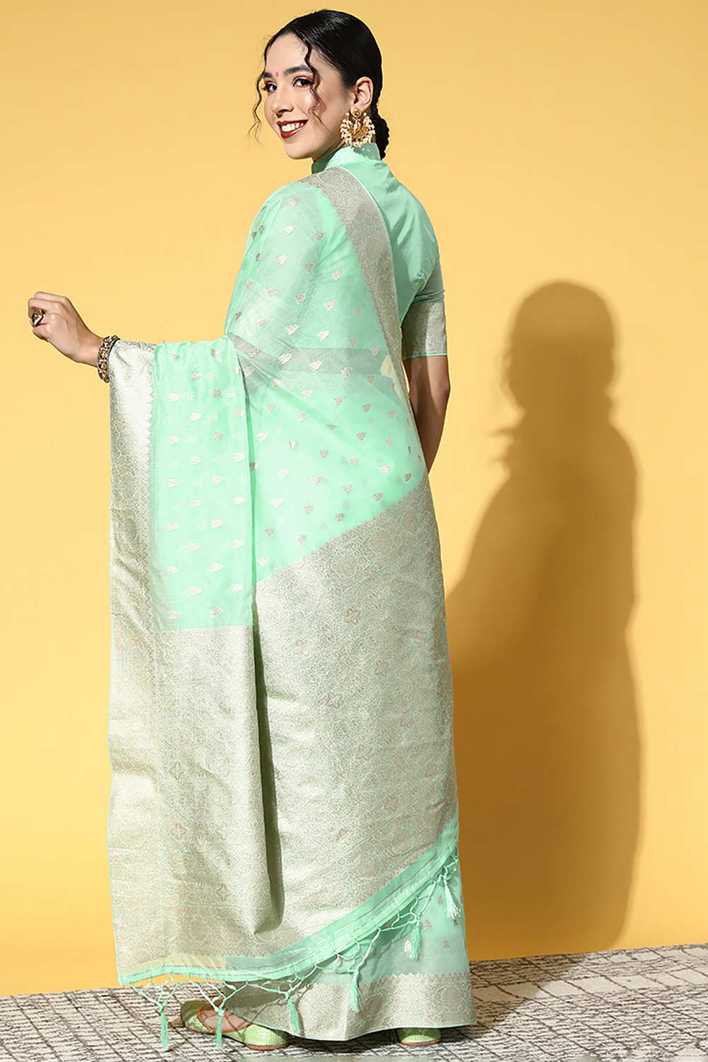 Buy Green Modal Floral Design Saree Online - Back