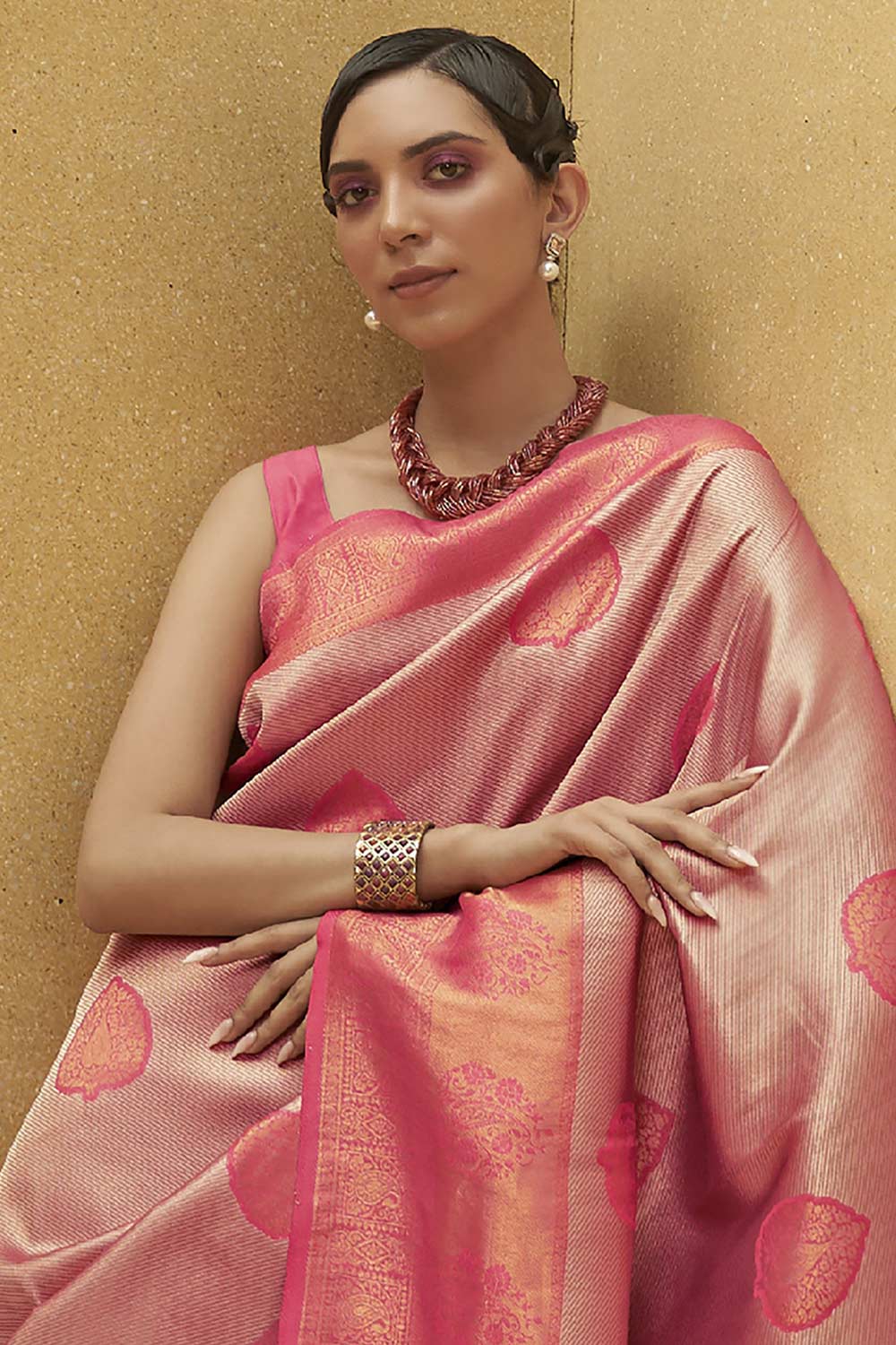 Buy Pink Nylon Bagh Design Saree Online - Front