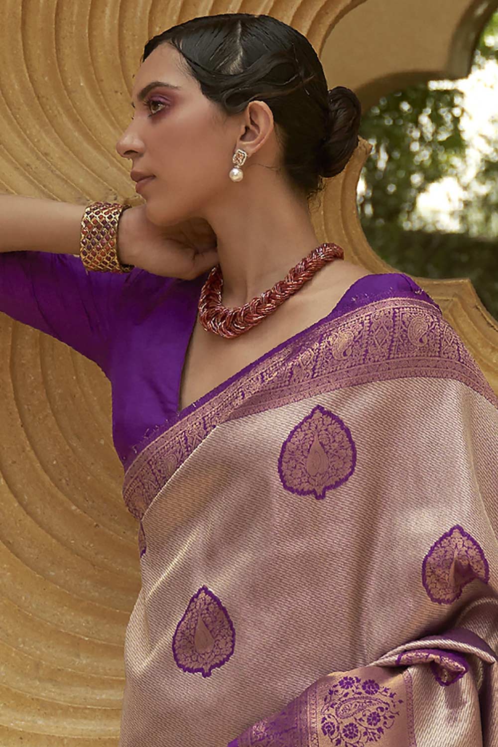 Buy Beige Nylon Bagh Design Saree Online - Front