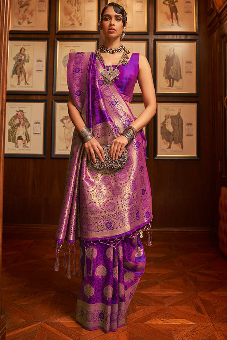 Purple Silk Blend Bagru Print Woven Design Banarasi Saree