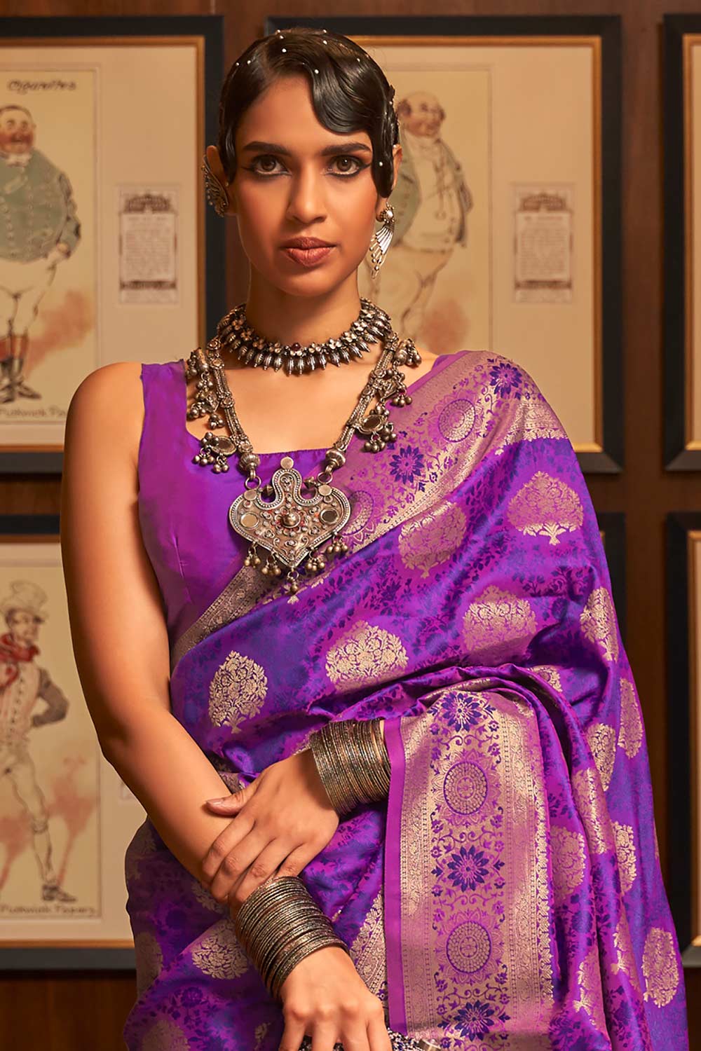 Purple Silk Blend Bagru Print Woven Design Banarasi Saree
