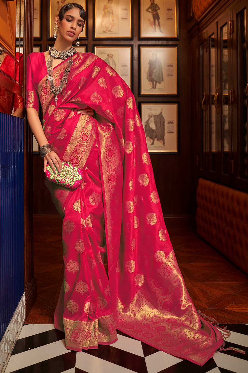 Pink Silk Blend Bagru Print Woven Design Banarasi Saree