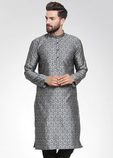 Men's Silver Jacquard Silk Woven Design Kurta Top