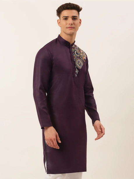 Men's purple Cotton Blend Embroidered Kurta Top