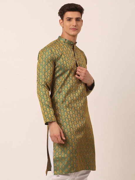 Men's Green & Yellow Jacquard Silk Woven Design Kurta Top